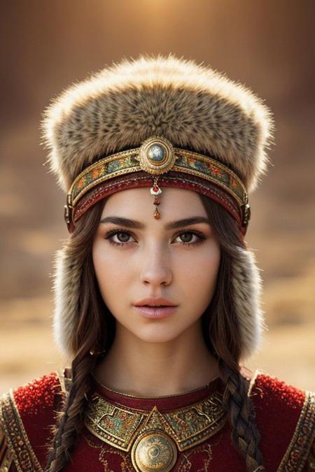 Turkish  steppe Warrior   girl  wear turkish fur caps , beatiful  face ,  ,symmetrical eyes, upperbody , 
ultra realistic 8k cg, picture-perfect face, perfect breast ,flawless, clean, masterpiece, professional artwork, famous artwork, cinematic lighting, cinematic ,  random hairstyle generate ,  generate random nationalty