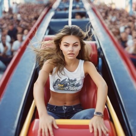 <lora:thylane_blondeau_xl_lora :1> thylane blondeauA excited woman on a roller-coaster, hair flying through the air and she floats at moment of weightlessness. Wearing a t-shirt and jeans.high quality high speed film, Nikon f4 35mm f2.8, from above. UHD