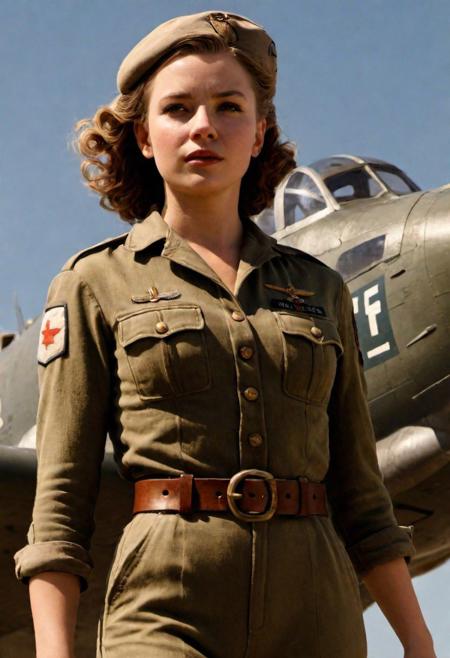 (masterpiece, best quality, hires, high resolution:1.2), extremely detailed, realistic, highres, (cinematic lighting, perfect lighting, sunlight, bloom), 1girl, Military pilot of high rank from the 1940s, embodied by woman with hourglass figure, porcelain skin wrapped in fitted olive jumpsuit, restrained by sturdy brown leather belt, her hairstyle exuding glamour of the Hollywood 40s era, voluminous black waves cascading her shoulders, almond eyes adorned with dark lashes, expressing determination, under the gently blushed high cheekbones, full lips, her character juxtaposing against backdrop of vintage aircraft, set in resilient blue cloudy day, digital
 parted bangs, blue hair, freckles, very long hair, long braided, :), smile,
