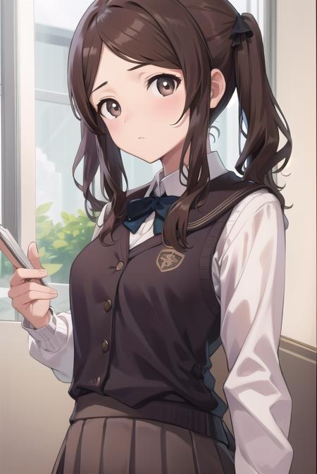 saenakata, <lora:saenakatatest:1>, sae nakata, brown hair, hair ribbon, (swept bangs:1.5), twintails, (brown eyes:1.5),
BREAK kibito high school uniform, school uniform, sweater vest,,
BREAK looking at viewer,
BREAK indoors, classroom,
BREAK <lora:GoodHands-vanilla:1>, (masterpiece:1.2), best quality, high resolution, unity 8k wallpaper, (illustration:0.8), (beautiful detailed eyes:1.6), extremely detailed face, perfect lighting, extremely detailed CG, (perfect hands, perfect anatomy),