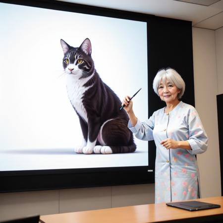 old woman, presentation, screen, realistic, holding pointer, in front of a large screen, cat on it, <lora:Presentation _v1:0.5>