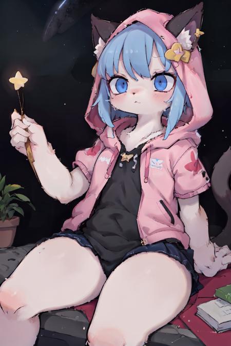 ((masterpiece, best quality)),furry, animal ears, tail, 
1girl, book,star_(sky), sitting, solo, constellation, sky, hood, holding, plant, long hair, jewelry, starry sky, star \(symbol\), blue eyes, potted plant, open book, earrings, , shooting star,blue eyes, starry sky print, sky adorns skirt,multicolored hair, sky adorns hair,A girl is under the starry sky