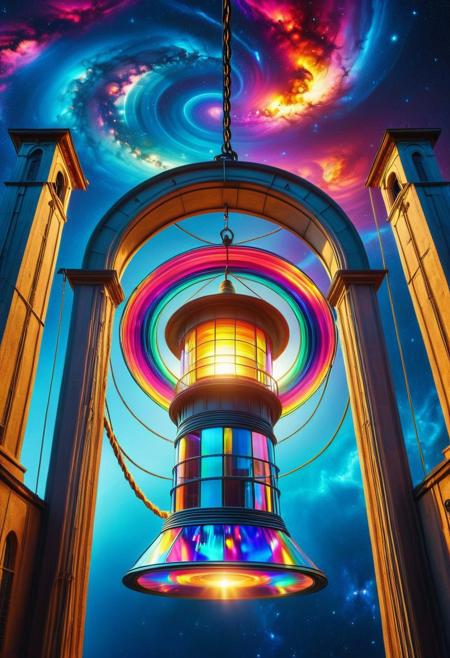 CD Repeat, Masterpiece, best quality, amazing quality, absurd, latest, volumetric lighting, UHD, SFW, vibrant colors, neon, vivid colors, rope made of cd's, hanging fro a belltower window catching the early morning light, exquisite detail, digital art, realistic, highly detail, beautiful, surreal, dramatic, galaxy fantasy colors, No_Humans
