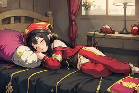 1girl, solo, konaha, hat, red pajamas, sleeping, closed eyes, bed<lora:monster_hunter_konaha-34:0.8>