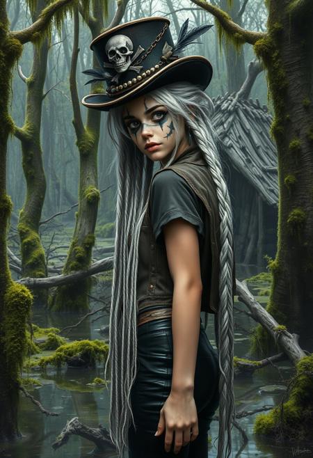 A dark fantasy setting. In a swamp, trees (both standing and growing, and fallen over) have moss growing all over them. In the background is a strange hut made of wood. In the foreground is a young woman, long white hair in a multitude of small braides, pale skin, medium breasts, her face is painted with makeup to look like a skull. She wears a short top hat that's adored with beads hanging from the brim and feathers, a pirate's shirt, an open cropped jacket, and black leather pants with a belt.  She looks at the viewer, her body turned slightly to the side, a slight tilt to her head, shoulders back. her expression is that of a curiosity and unease. 
semi realistic