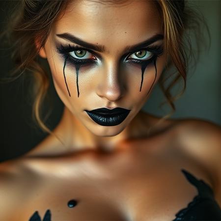 A beautiful woman with her eyes dripping with black makeup. Her lips are painted black and her large breasts are covered in black ooze.