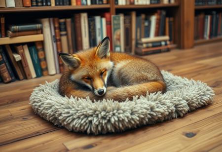 a small fox is curled up on a carpet, the carpet is on top of a wood floor, behind the fox is a bookshelf, the fox is in a rustic book store, there is a sock on the foxes head/