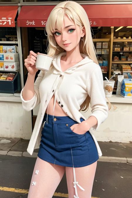 1girl,  green_eyes,  long hair,  blonde_hair,  bangs,  beautiful woman,  perfect body,  perfect breasts,  Bitzy:1.2,  denim skirt,  white footwear,  fishnet pantyhose,  high heels,  on the streets,  infront of a convenience store,  sipping a coffee:1.2,  straw_(drinking),  depth of field,  cowboy_shot,  pov,  innocent girl,  gentle smile,  looking at the audience,  masterpiece,  super detailed,  high detail,  high quality,  best quality,  1080p,  16k