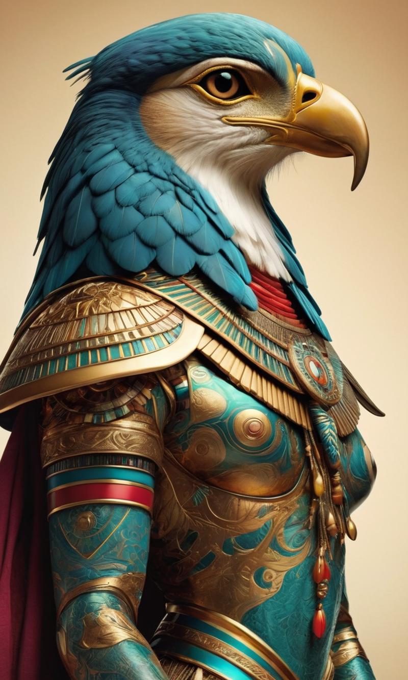 A blue and gold eagle statue with red feathers.