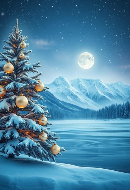 Winter, magical night. Beautiful starry sky. On the shore of a beautiful frozen lake stands an incredibly beautiful New Year tree, Several elegant Christmas decorations adorn the branches, including glossy spheres in soft pastel shades of gold and white, gracefully decorated with frost patterns, in the background, in the middle of a fabulous magical winter forest, huge mountains rise. On the mountains, the snow sparkles in the moonlight.