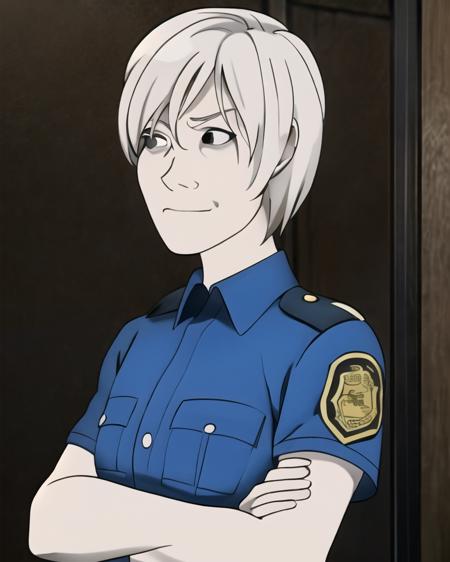 best quality, masterpiece, monochrome, meme, parody, <lora:mtstyle:0.8> mtstyle,  <lora:cybilbennettv2:0.85> cybilbennett, 1girl, uniform, crossed arms, police, police uniform, upper body, solo, looking at viewer, simple background