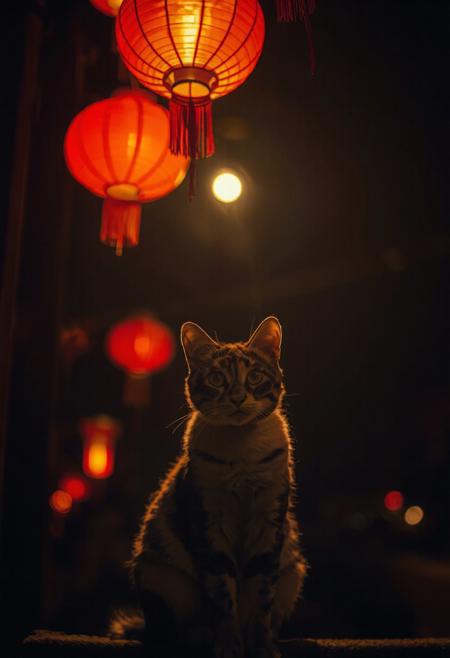 (Soft Lighting Photography by Mimoza Veliu and Mario Giacomelli:1.2), NSFW, A warm, ethereal glow, as if time itself has paused to capture the quiet beauty of the moment. A cat sitting at the center of the frame, her presence contemplative. The night envelops her, but the darkness is not oppressive; 
Above, a series of red lanterns hang suspended on delicate strings, their soft light casting an amber hue over the entire scene. These lanterns are not merely decorative; they seem to pulse with life, their illumination creating a sense of warmth and intimacy, hinting at a cultural or thematic connection, 
The cat gazes directly into the camera, her eyes conveying a mix of curiosity and introspection, as though she is pondering something profound or simply lost in the beauty of the moment.
The background is shrouded in shadow, drawing all attention to the subject and the glowing lanterns above. The darkness beyond hints at a larger settingâperhaps a festival, a market, or an outdoor gathering but the details remain obscured, leaving the viewer to imagine the context. The interplay between light and shadow creates a dramatic contrast, emphasizing the woman's features and the vivid colors of the lanterns.