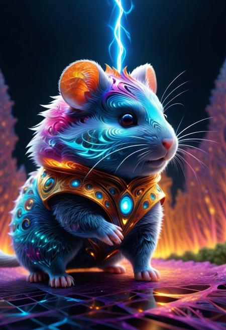 A grandiose arena in a sprawling fractal fantasy metropolis, where a super cute hamster, clad in gleaming, geometrically-patterned armor, engages in an electrifying battle. The hamster’s armor is intricately detailed, with glowing fractal designs and arcs of neon lightning coursing through its diminutive hammer. Its whiskers twitch in fierce concentration, its eyes glowing with fractal energy, radiating both regality and formidable power.
The arena is alive with fractalized spectators, their forms blending into a sea of glowing, geometric shapes and vibrant colors. Banners flutter in the breeze, adorned with fractal emblems of mythical beasts and legendary heroes. The sky above is a mesmerizing blend of clear blue and swirling fractal clouds, the sun casting a radiant glow on the polished, fractal-patterned stone grounds.
Around the edges, otherworldly flora thrives, their leaves and petals glowing with fractal magic, contrasting with the crowd’s electric energy. The air crackles with arcs of neon lightning, and the atmosphere is filled with booming shouts of excitement and awe. The scene captures the thrill and valor of battle in a surreal, fantastical setting, where even the smallest hero wields mighty powers, inspiring courage amidst roars of admiration and skies alive with electric, fractal energy.
