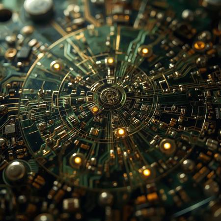 An ancient Greek Antikythera Mechanism reimagined as a futuristic circuit board. Translucent green PCB layers replace the bronze gears; delicate copper traces snake around miniature surface-mount chips and glowing LED indicators that form zodiac symbols. Hyper-realistic macro close-up, ultra-detailed, intricate fusion of mechanical and electronic elements, dramatic ambient lighting, shallow depth of field, 8K resolution, cinematic composition.