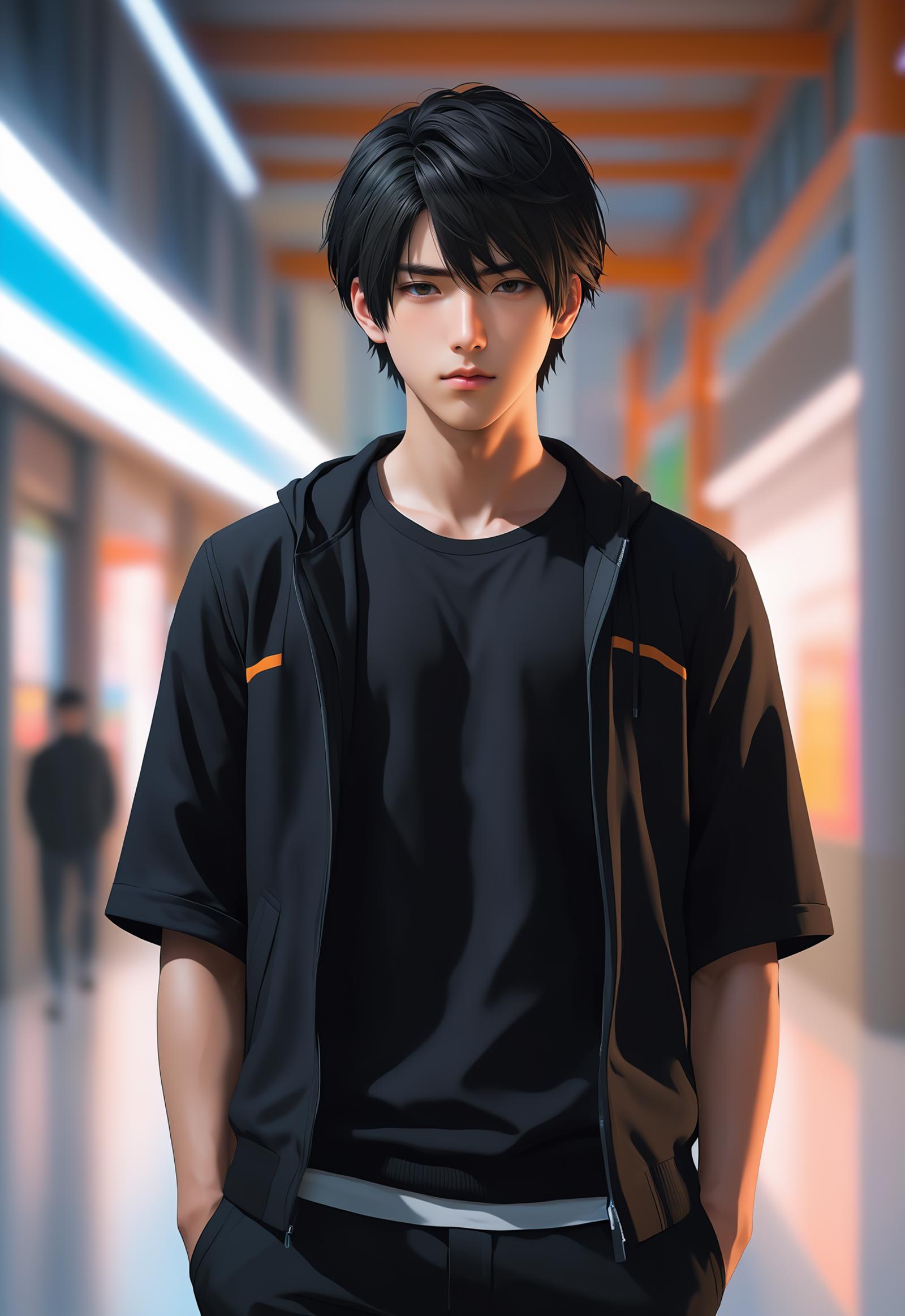 Anime style illustration of a young man wearing a black shirt and a black jacket.