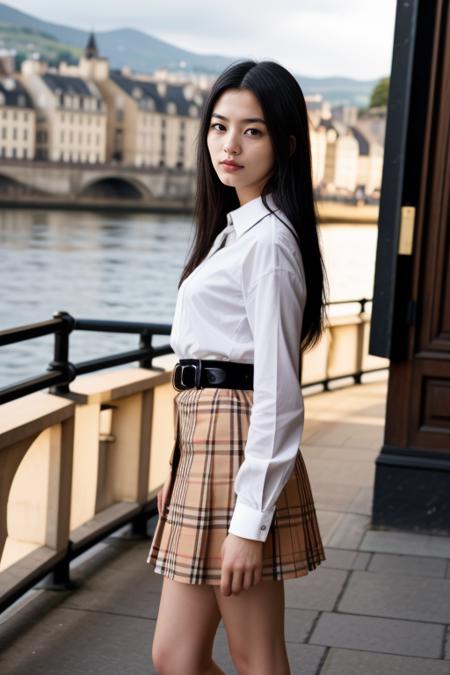 1 woman, 22yo, realistic, masterpiece, high detailed skin, looking at viewer, full body shot, scenic view, long hair, black hair
<lora:Burberry_Shirt_Skirt_By_Stable_Yogi:0.8> burberry plaid, skirt, belt, white shirt