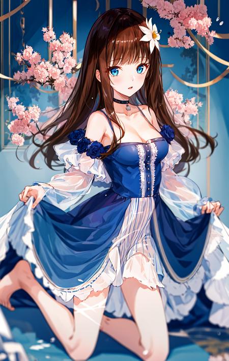 1girl, bangs, bare_shoulders, barefoot, blue_dress, blue_eyes, blush, breasts, brown_hair, bubble, choker, cleavage, clothes_lift, collarbone, dress, dress_lift, eyebrows_visible_through_hair, flower, hair_flower, hair_ornament, kneeling, lifted_by_self, long_hair, long_sleeves, looking_at_viewer, medium_breasts, off_shoulder, parted_lips, skirt_hold, sleeveless, sleeveless_dress, solo, spaghetti_strap, strap_slip, very_long_hair, water, water_drop, white_flower <lora:style_fujichoko:1>