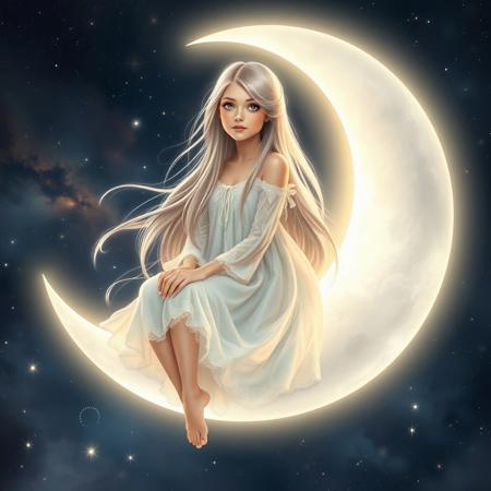 "A mystical girl embodying the soft, intuitive, and emotional energy of the Moon, sitting on a silver-lit crescent moon floating in the cosmic sky. Her long, flowing hair shimmers like moonlight, and her gentle eyes radiate wisdom and serenity. She wears a delicate, flowing white and silver dress, glowing softly under the celestial glow. The atmosphere around her is dreamy, filled with floating stars and nebulae. She is deeply connected to intuition, emotions, and the mysteries of the universe, embodying divine feminine energy."