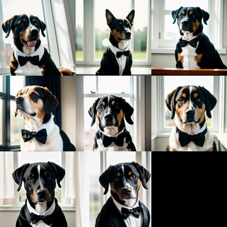 RAW photo, absurdres, high quality, photorealistic,
portrait of a dog in a tuxedo, sunlight, window,
photo realism, ultra-detailed, 50mm, f1. 4, 8k uhd, film grain