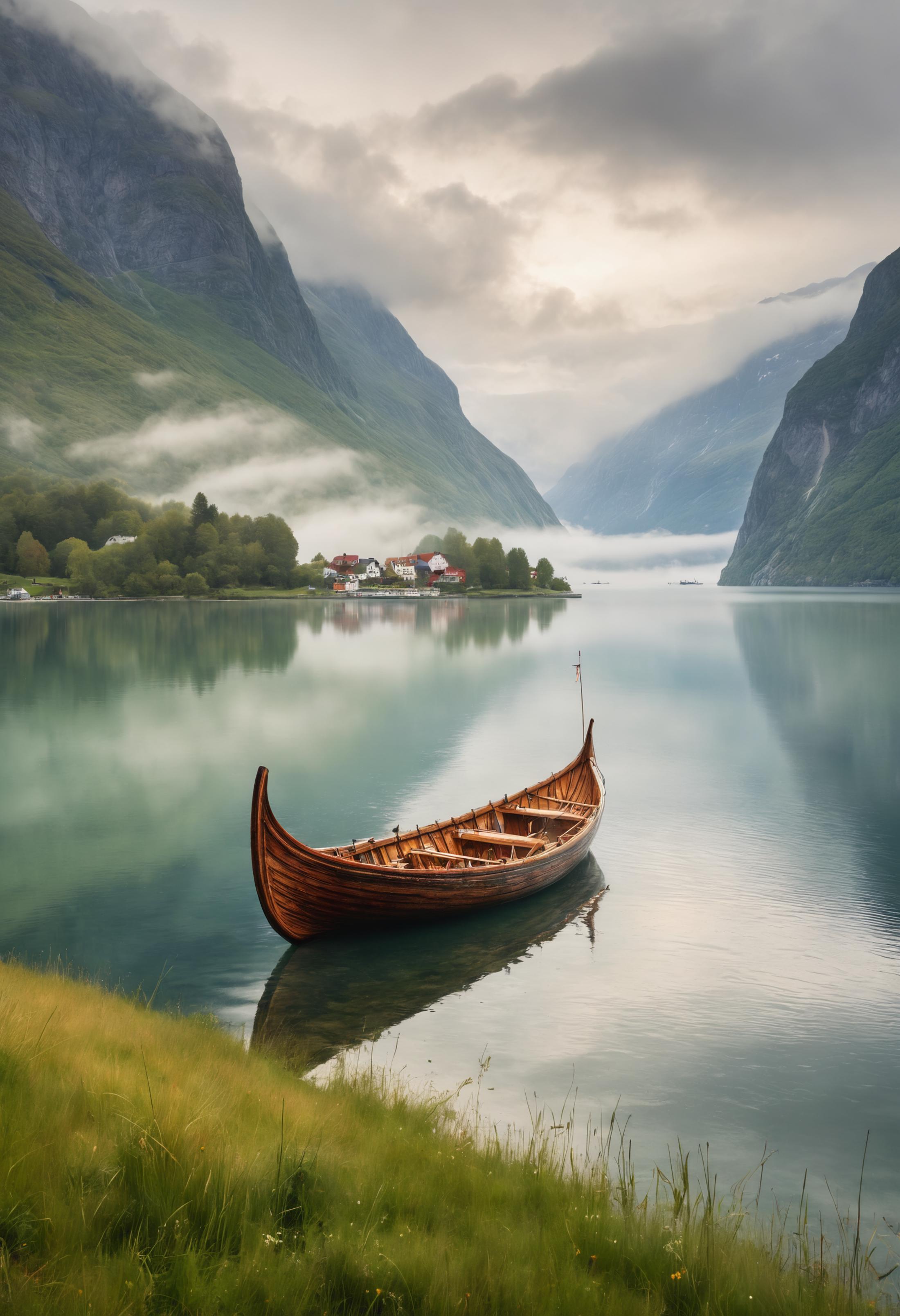A boat rests on a body of water in front of a mountain range.
