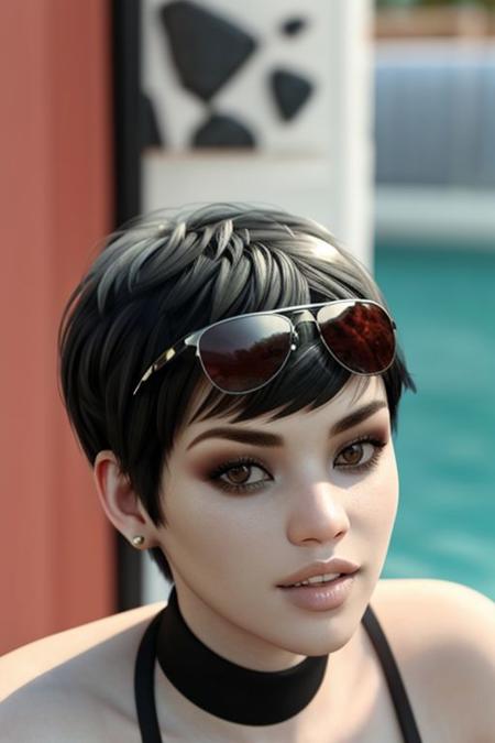 Becca face sunglasses on head short hair black hair white hair