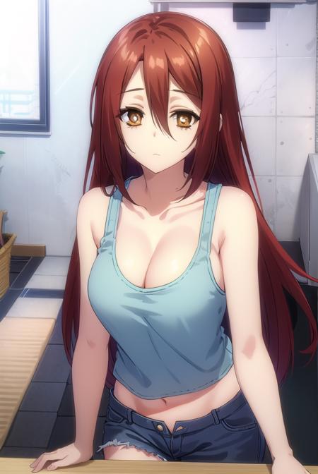 naegleria nebiros, long hair, (brown eyes:1.5), red hair, navel, cleavage, shorts, midriff, short shorts, tank top, yellow tank top,