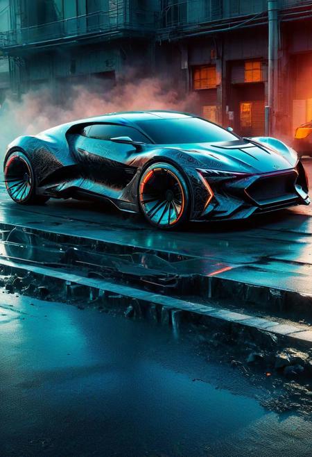 The cyberpunk car is a sleek and menacing marvel of futuristic design. Its body, sculpted from glossy, jet-black composite materials, exudes an aura of darkness and mystery. Neon accents trace intricate patterns along the vehicle's curves, casting an otherworldly glow in the night. The car's angular lines and sharp edges evoke a sense of speed and aggression, while its tinted, teardrop-shaped windows conceal the occupants within. The wheels, equipped with glowing LED rims, seem to hover above the ground, defying gravity. This cyberpunk car is not just a mode of transportation; it's a symbol of a dystopian future where technology and rebellion collide.