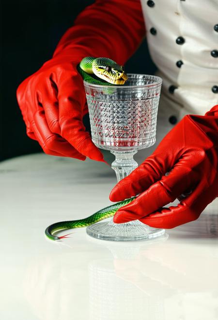 A surreal close-up of gloved red hands holding a snake and a glass chalice, the serpent poised to pour venom into the glass. High-contrast cinematic lighting, surreal symbolism, dark luxury, baroque surrealist fashion, modern occult ritual, reflective glass and dramatic shadows.
<lora:FLUX-daubrez-DB4RZ-v2:0.55> <lora:Sinfully_Stylish_.02_for_FLUX:0.35> <lora:dystopia:0.6>
