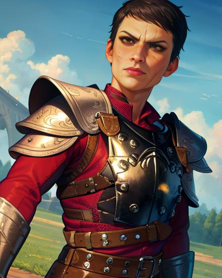 Cassandra,brown eyes,freckles,scar on face,very short black hair,makeup, solo, upper body,  serious expression, mouth closed, 
CasAr,brown gauntlets,breastplate,belt,armored boots, red shirt with purple sleeves, stitched  purple pants,
near a training dummy, outside, morning, 
(insanely detailed, beautiful detailed face, masterpiece, best quality)    <lora:Cassandra:0.8>