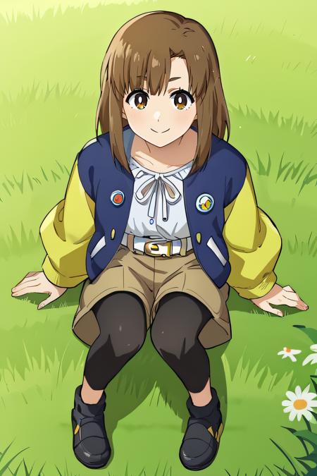  arisa, brown hair, brown eyes, medium hair white shirt, multicolored jacket, blue jacket, yellow sleeves, brown shorts, white belt, bike leggings, black shoes