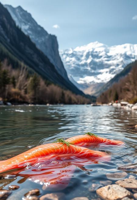 Salmon sashimis in the water of a valley in the mountains