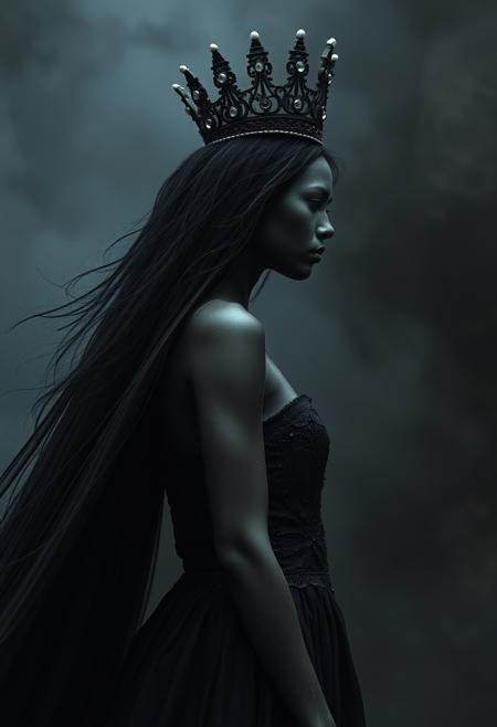 side view, full shot of the underworld queen, floating body, dirt black dress, black crown, small white eyeballs, hyper realistic, ultra detailed, translucent oiled skin, black skin, mist, wind