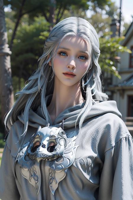 (8k, RAW photo, best quality, masterpiece:1.2), (realistic, photo-realistic:1.4), ultra-detailed, perfect detail ,make up, venat, white robe,  closed mouth, smile, mask,  (white hair:1.5), blue eyes, glowing eyes, long hair,  <lora:Venat:0.7>  long_sleeves,from below, blue eyes, glowing eyes, looking at viewer, upper body, detailed eyes, outdoors,