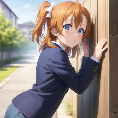 (best quality, masterpiece:1.4), extremely detailed, detailed background, detailed eyes, 1girl, <lora:ponk-10:0.6>, (kousaka honoka, orange hair, blue eyes), outdoor, cowboy shot, from side, blue jacket