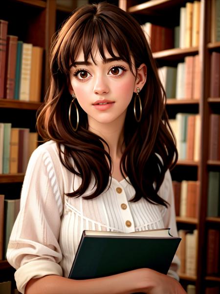 Realistic photo of a beautifuld41sy3dg4r woman,1girl,solo,long hair,bangs,brown hair,brown eyes,jewelry,upper body,earrings,indoors,blurry,lips,looking to the side,book,depth of field,blurry background,realistic,bookshelf,library, soft lighting, professional Photography, Photorealistic, detailed, RAW, analog, sharp focus, 8k, HD, high quality, masterpiece<lora:d41sy3dg4r:1.0>