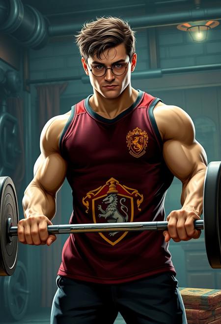 A buff Harry Potter wearing a gym shirt with the Gryffindor symbol, lifitng a barbell in a fantasy gym environment.