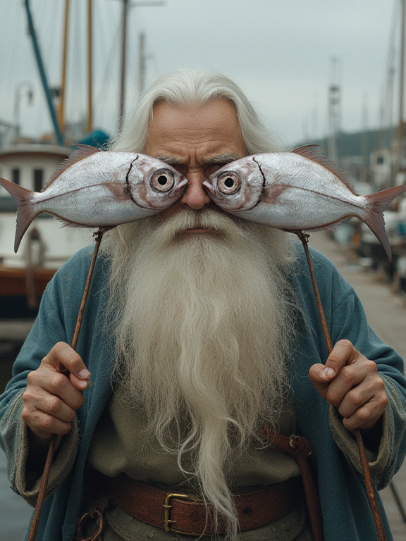w1z_f15h3y3__surreal_portrait_of_old_wizard_whitebeard_with_a_long_white_beard__instead_of_eyes__two_large_silver_fish_are_held_across_his_face__harbor_docks_in_the_background__660334201.png
