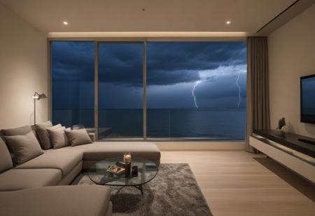 Bedroom, sleek apartment, large windows, sea, beach, thunderstorm outside, dark clouds, evening, plasma tv, living room, sofa, glass table, warm light ambience, coffee