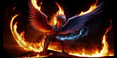 masterpiece,best quality,wings,sky,<lora:FHHY-000001:1>,fengh,solo,<lora:add_detail:1>,fire magic,born of fire,