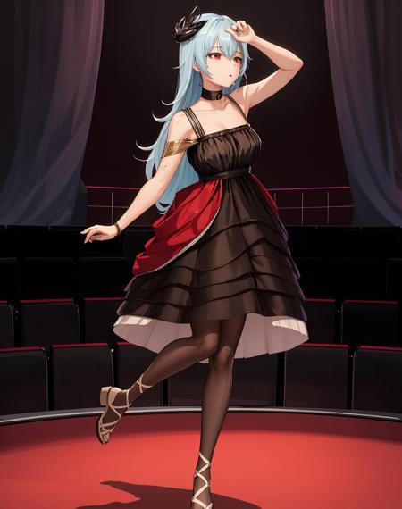 on stage, theater, elegant, ballerina, black swan, full body
,BREAK
(thunderdress:1.3), black choker, hair ornaments, scars, pantyhose
<lora:Thunder:1>