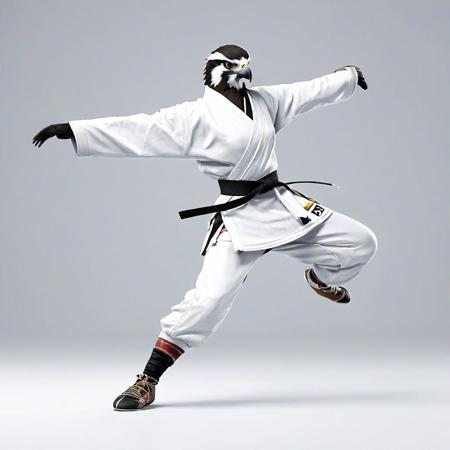 An anthropomorphic female hawk. Cool animated style. She is a martial artist and is wearing cool clothes. She has an attitude. She is balancing on one leg, performing the crane kick from the karate kid movie. The background is white.  ar 2:3  stylize 200