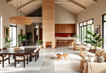 "A spacious living and dining room blending Wabi Sabi and Tropical Modern elements, grounded in a neutral palette of dusty gray and taupe. The furniture, including a traditional dark wood dining table seating 8-12 and a bamboo tea table by the window, is complemented by subtle saddle brown touches. Lime green and dark green plants add vibrant, natural accents, bringing the tropical aspect to life.
The walls are finished in light beige, creating a warm, minimal backdrop, while the central column is wrapped in textured clay to reflect the imperfect beauty of Wabi Sabi. Light salmon and pale cyan decor items, such as ceramic vases, woven cushions, and wall art, introduce soft, muted color pops, blending seamlessly with the natural materials.
A sandy beige bar counter with a brick red backsplash separates the kitchen from the dining area, acting as both a functional space and an aesthetic focal point. Rattan pendant lights hang from the high ceiling, casting a soft, ambient glow over the room, while large windows invite abundant natural light, enhancing the organic, peaceful atmosphere. The room combines simplicity, warmth, and the calmness of nature, creating a serene yet vibrant living environment."