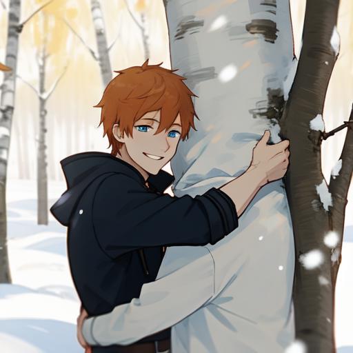 A boy hugging a tree trunk in a snowy forest.