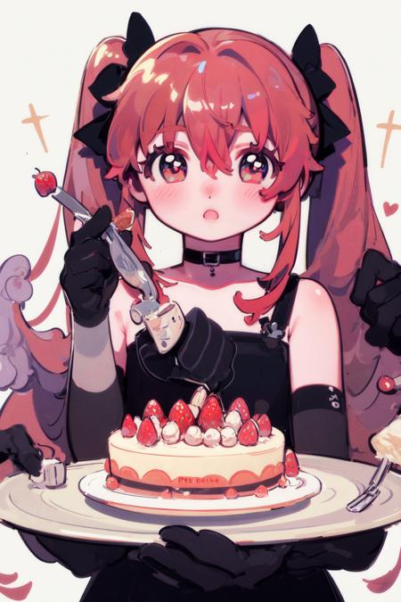 masterpiece, best quality, extremely detailed, detailed background, detailed face, 1girl, food, solo, cake, twintails, wings, gloves, long hair, holding, black gloves, white background, elbow gloves, looking at viewer, sample watermark, blush, cake slice, bangs, plate, hair between eyes, fruit, upper body, red hair, brown hair, strawberry, red eyes, choker, holding plate, dress