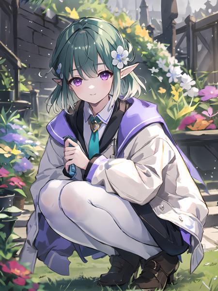 masterpiece,best quality,highres,cinematic lighting,dramatic angle,1girl,green hair,pointy ears,purple eyes,hair flower,hair ornament,necktie,medal,white jacket,black dress,white pantyhose,<lora:ShadowverseCastelle_VerdiliaV2-000013:0.8:lbw=1,0.1,0.2,1,1,0.4,0.1,0.8,0.8,1,1,1,1,1,1,1,1>,squatting,gardening,grass,happy,garden,sunshine,waterdrops on plants,