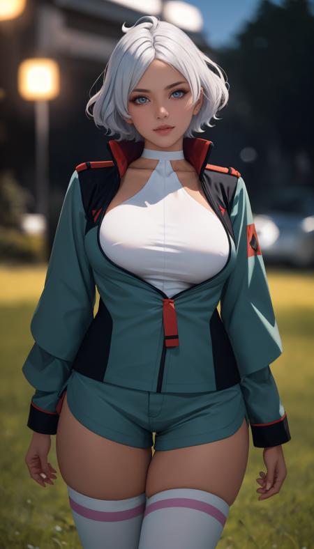 green_jacket_ownwaifu,www.ownwaifu.com,
short hair,dark skin,breasts,dark-skinned female,blue eyes,shorts,large breasts,white hair,silver hair,thighs,
green jacket,thighhighs,jacket,white legwear,long sleeves,
<lora:ANIME_secelia_dote_ownwaifu:1>, official art,extremely detailed CG unity 8k wallpaper, perfect lighting,Colorful, Bright_Front_face_Lighting,shiny skin, (masterpiece:1.0),(best_quality:1.0), ultra high res,4K,ultra-detailed, photography, 8K, HDR, highres, (absurdres:1.2), Kodak portra 400, film grain, blurry background, (bokeh:1.2), lens flare, (vibrant_color:1.2),professional photograph, (beautiful_face:1.5),