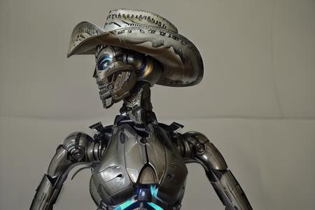 txendo, a t-x endoskeleton wearing a cowboy hat, full body, profile, intricate, highly detailed, realistic