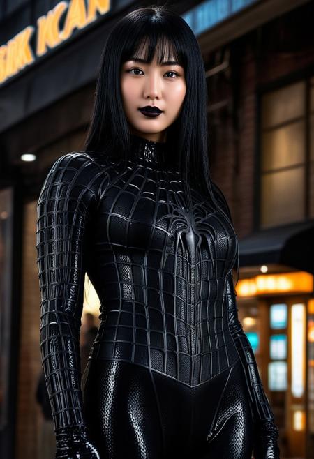score_9, score_8_up, score_7_up, best quality, realistic, masterpiece, beautiful detail, hyperrealistic, cafe, ((1girl, woman body, huge breasts)), amazing detailed full body portrait of a beautiful japanese girl, wearing a realistic and highly detailed black raimi spider-man suit, ((huge muscular girl)), professional model wears ultra - detailed black raimi spider - man suit, ultra - detailed and grained black raimi spiderman suit, suit covered entire body and hand, black spiderman gloves, wet, (full body), (looking at viewer, dynamic pose, black hair, black lipstick), smile, octane render, highly detailed, volumetric, dramatic lighting, (highest quality:1.1), (HDR:1.3), (top quality, best quality), realistic, high definition, Expressionism - sharp focus, professional photography, masterpiece, ultra detailed photograph, high quality, 8k,