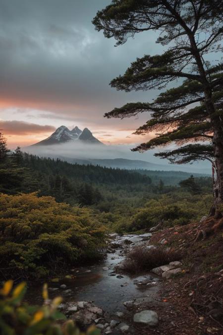 raw photo, a sunset landscape, Valdivian temperate forests, Chilean forest,  cozy, photorealistic, high detailed texture, 8k uhd, dslr, soft lighting, high quality, film grain, Fujifilm XT3, Sony A7 IV, highly detailed photography, (muted colors, cinematic, dim colors, soothing tones:1.2), vibrant, insanely detailed, hyperdetailed, (dark shot:1.2), (vsco:0.3), (intricate details:0.9), (hdr, hyperdetailed:1.2) (highest coherency: 1.39) (highest quality: 1.39) (rule of Thirds) (award winning) (breathtaking) (masterclass) (vibrant color: 0.79) (raining)