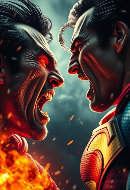 Badman and superman screaming at each other, face closeup, chaos, apocalyptic, movie poster style, cinematic lighting